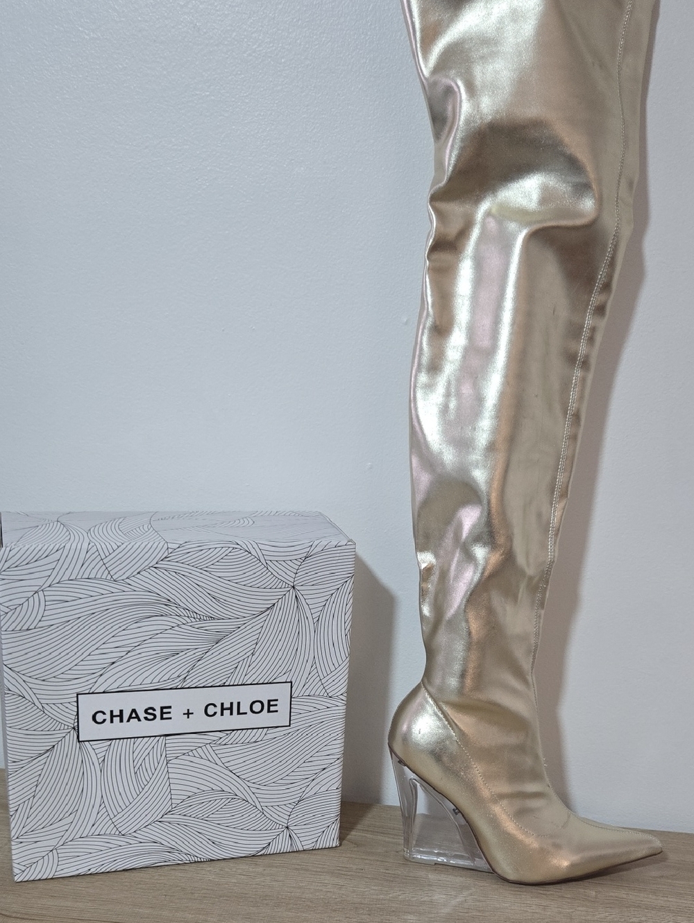 Chase + Chloe Metallic Gold Over-the-Knee Clear-Heel Boots